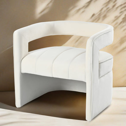 Plush white velvet accent chair with channeled seat and curved back ideal for living rooms