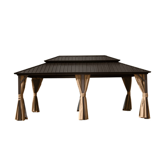 Dark brown metal gazebo with tan curtains perfect for outdoor entertaining