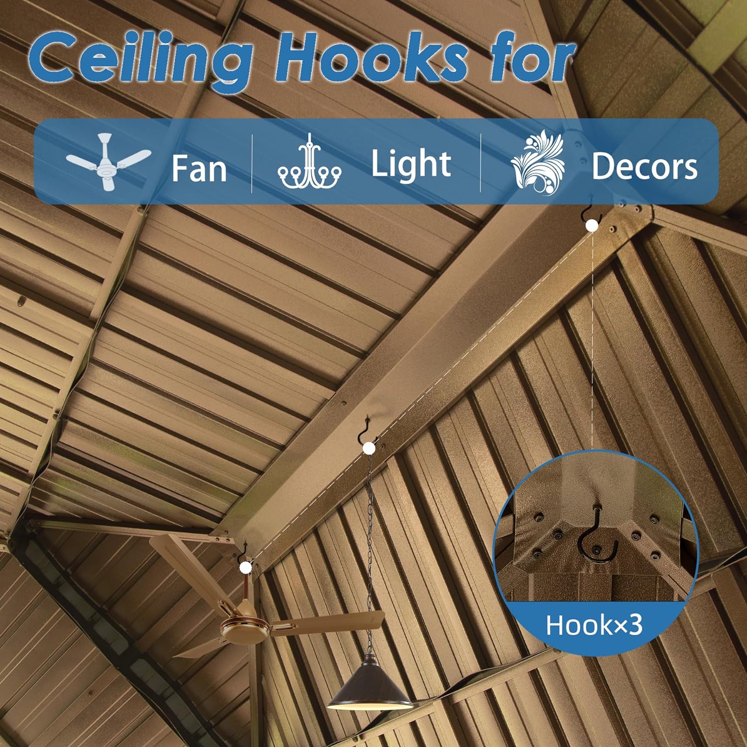 Heavyduty ceiling hooks for securely hanging fans lights or decorative items