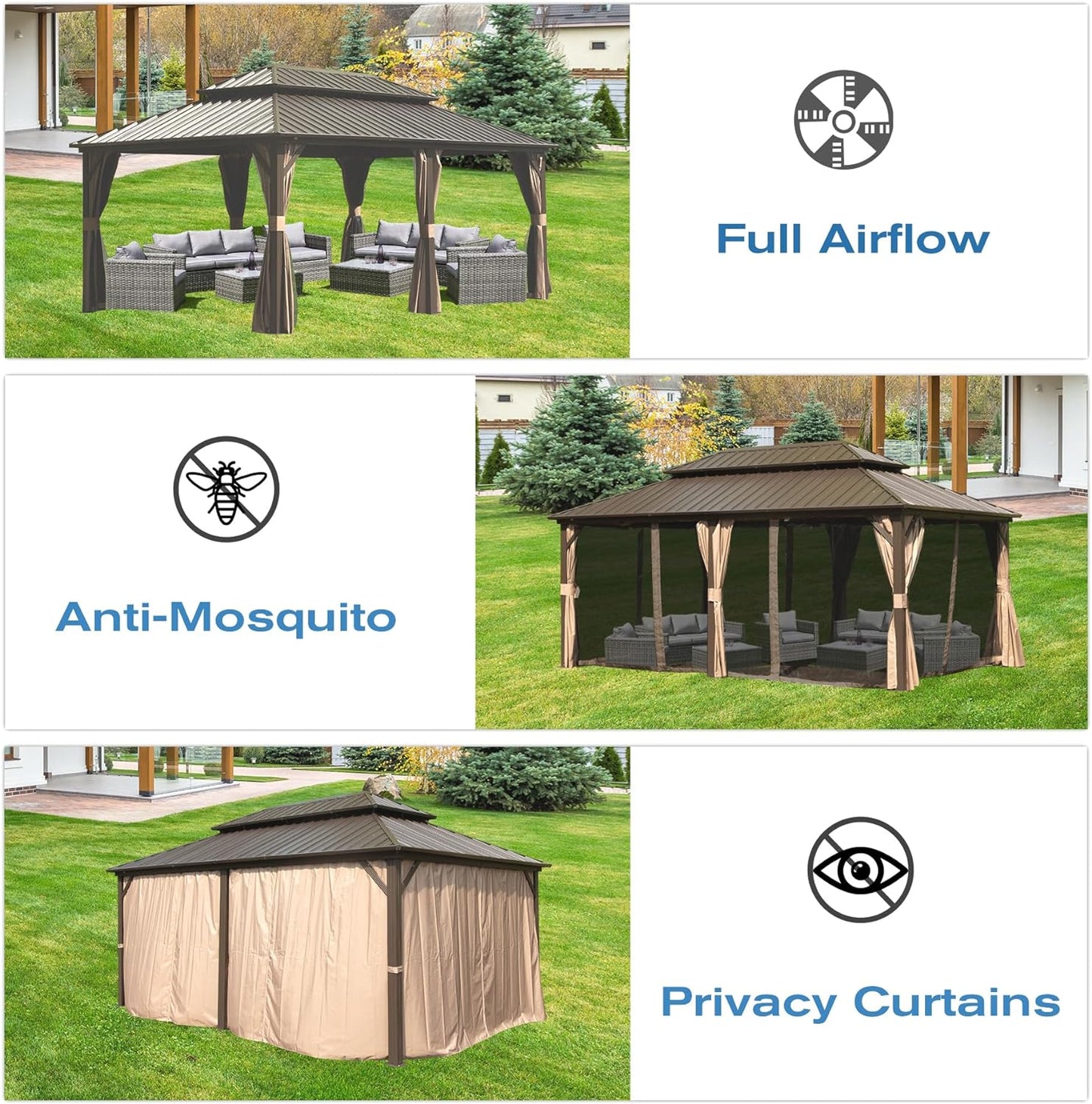 Bronze metal outdoor gazebo with full airflow design and seating