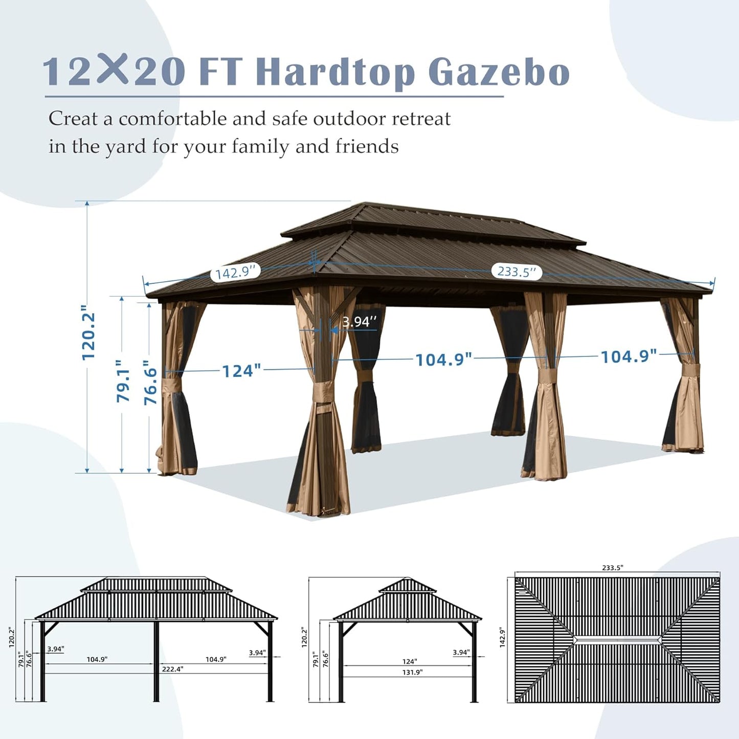 x ft hardtop gazebo with dualtier dark brown metal roof and tan curtains