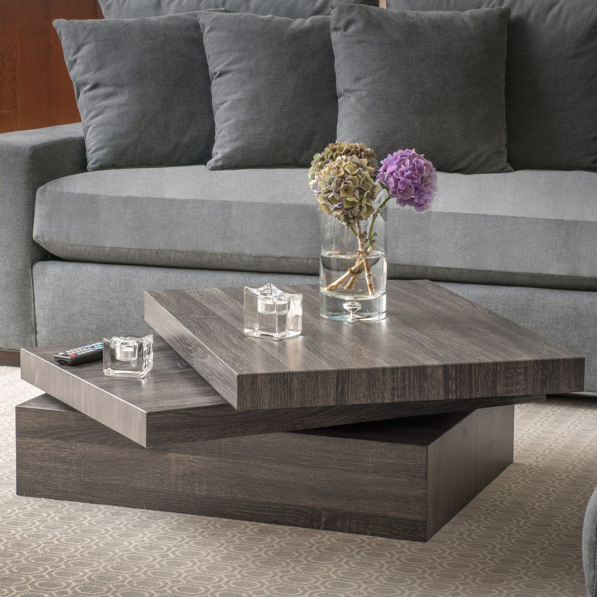Modern square oak veneer coffee table with a stacked design