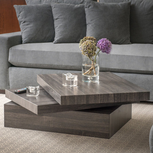 Modern square oak veneer coffee table with a stacked design