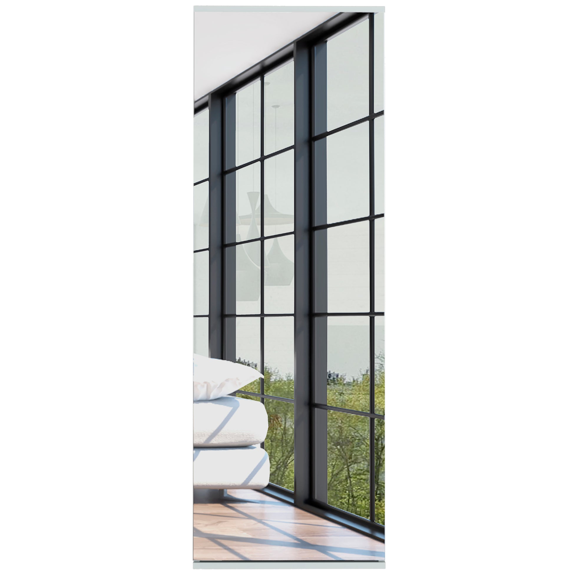 Modern black metal framed window with sheer curtains and lush green trees outside
