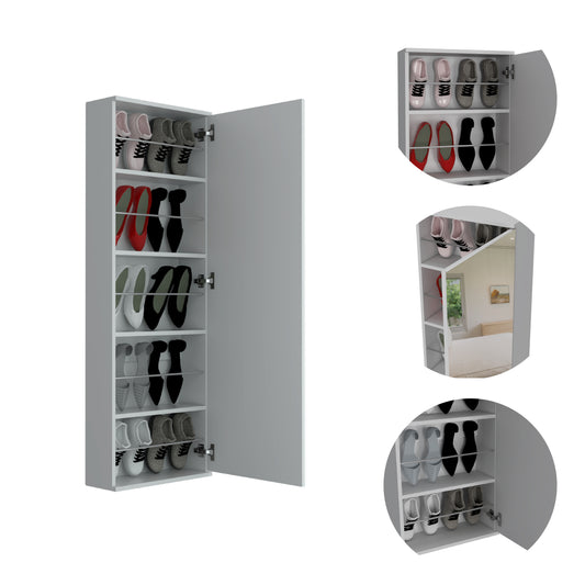 Slim white shoe cabinet with open door displaying rows of various footwear like sneakers and heels