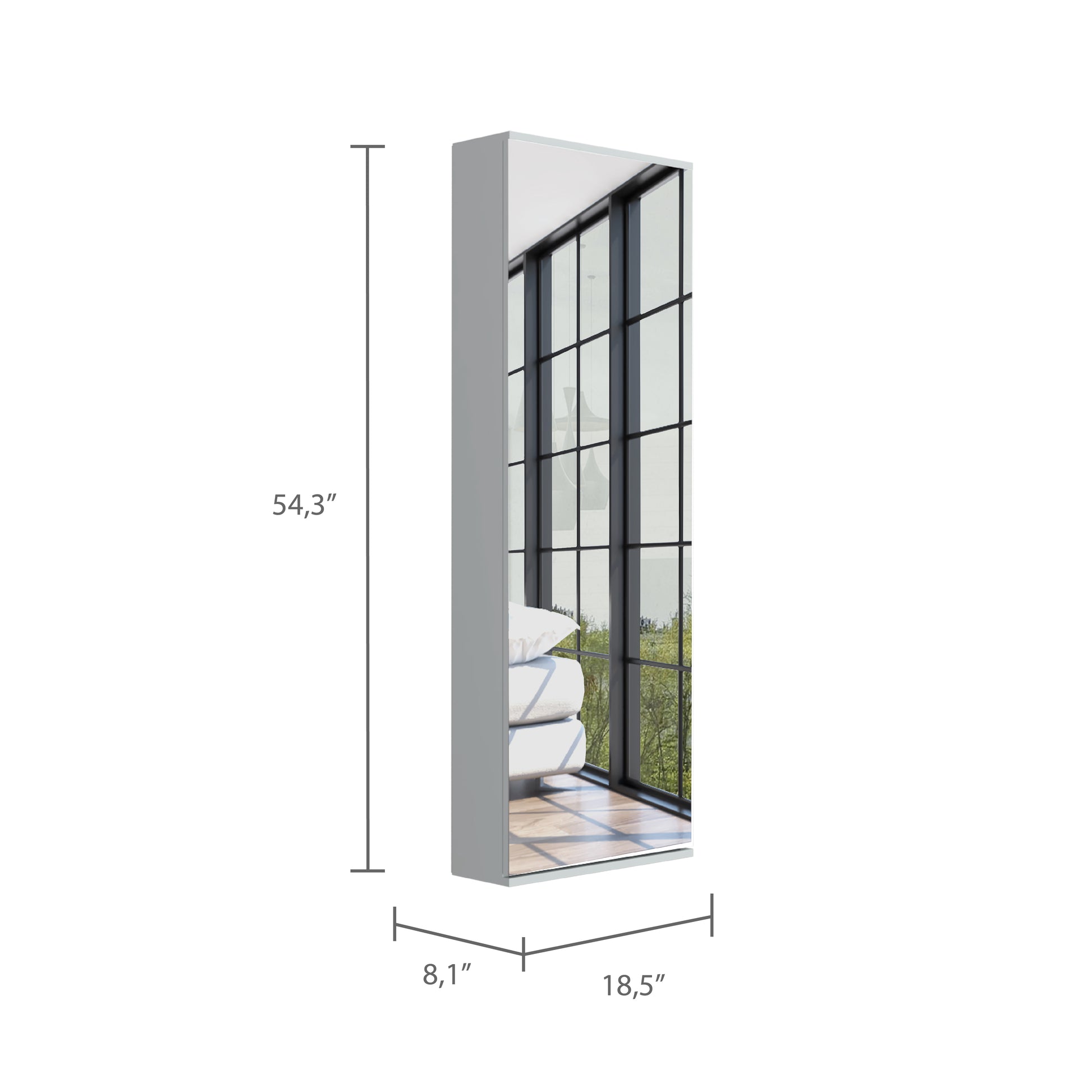 Tall grey slim storage cabinet with a mirrored front