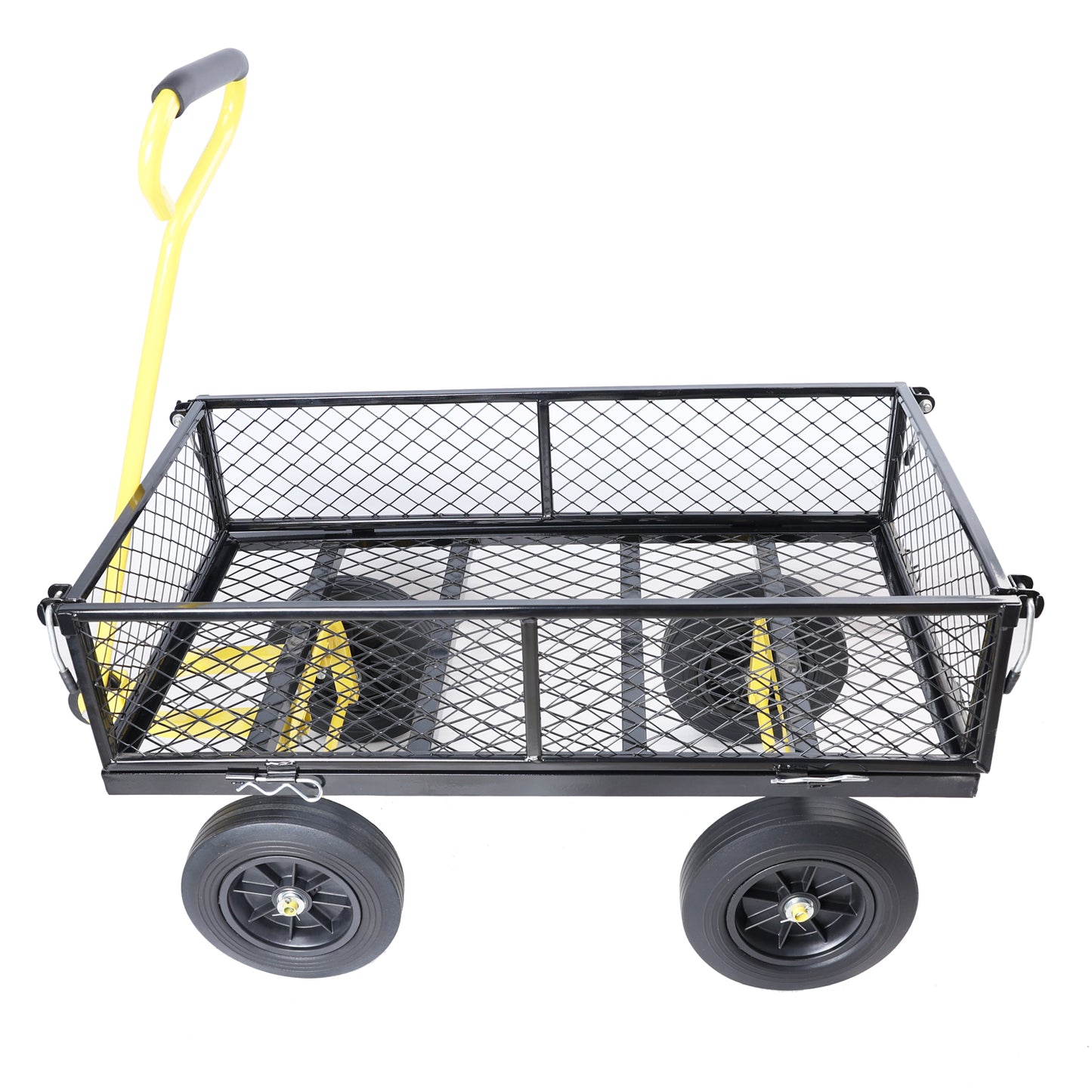 Black steel garden cart with yellow handle mesh sides and two large black wheels