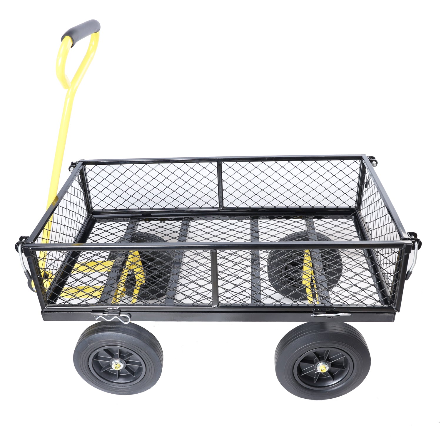 Black steel garden cart with yellow handle mesh sides and two large black wheels