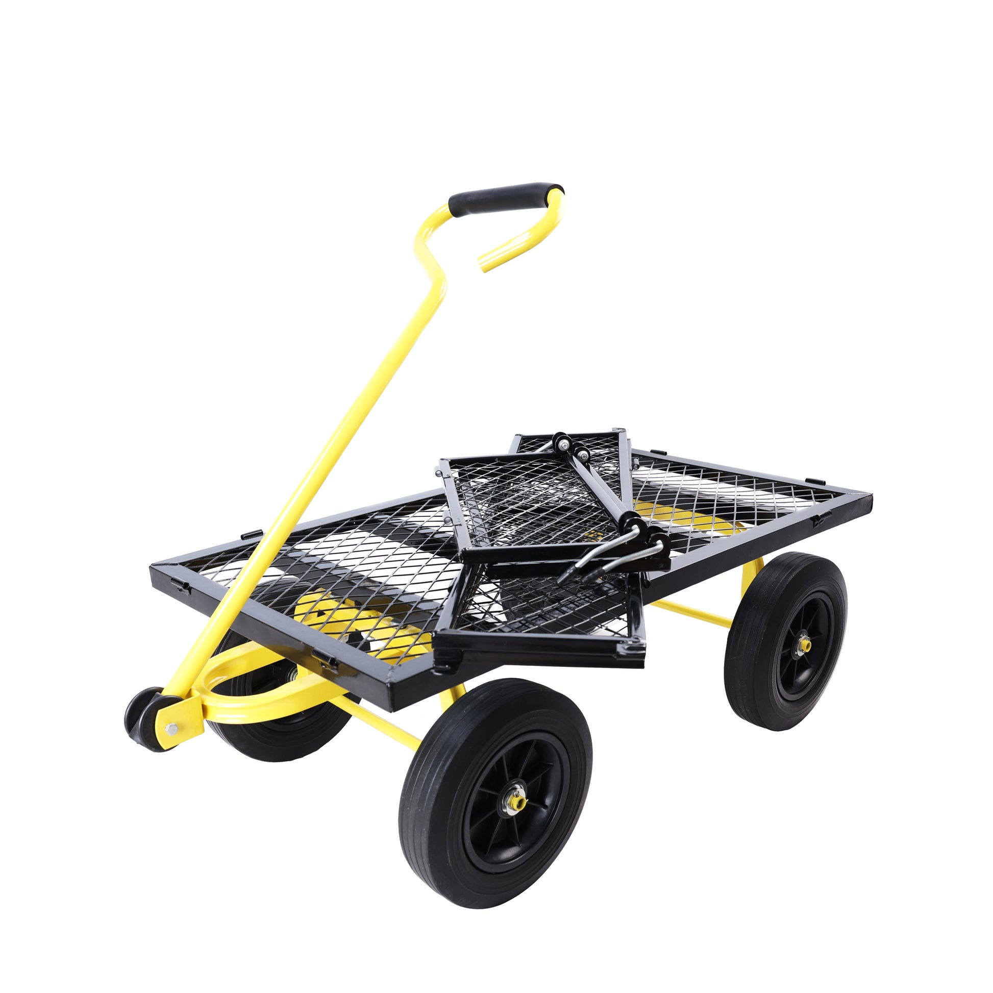 Yellow folding garden cart with black mesh bed and wheels for yard work