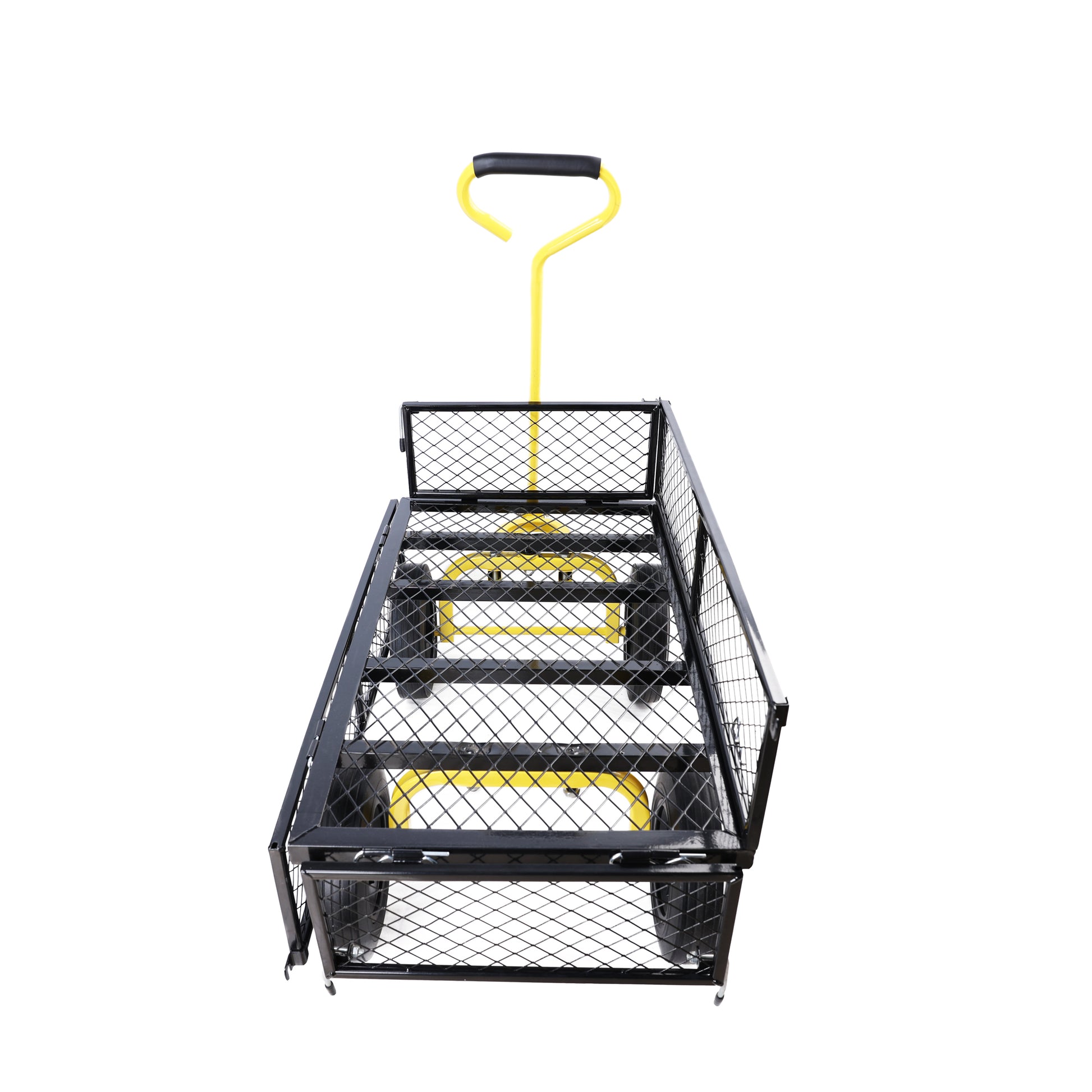 Black metal garden cart with yellow handle and wheels for hauling tools