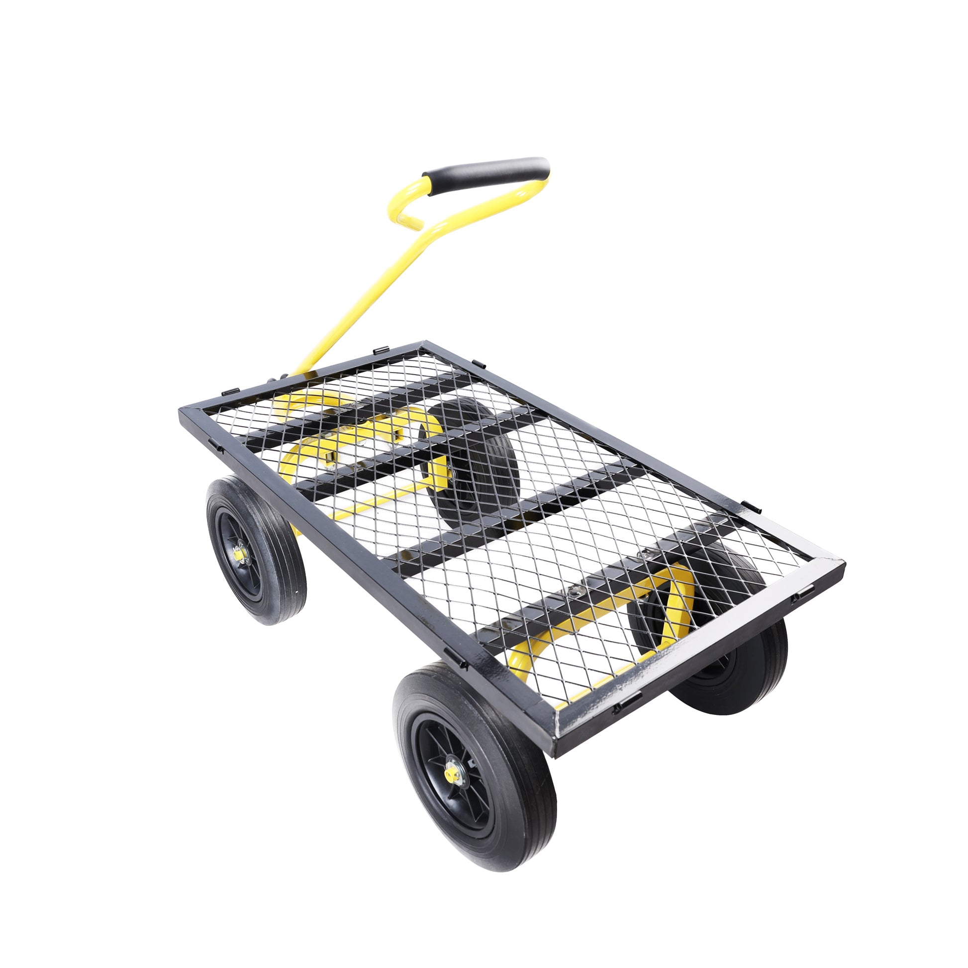 Yellow and black garden cart with a mesh bed and two wheels