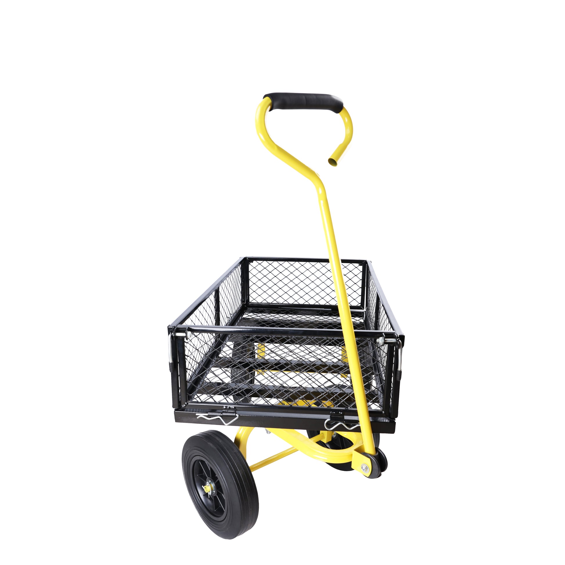 Yellow garden utility cart with black mesh sides and padded handle