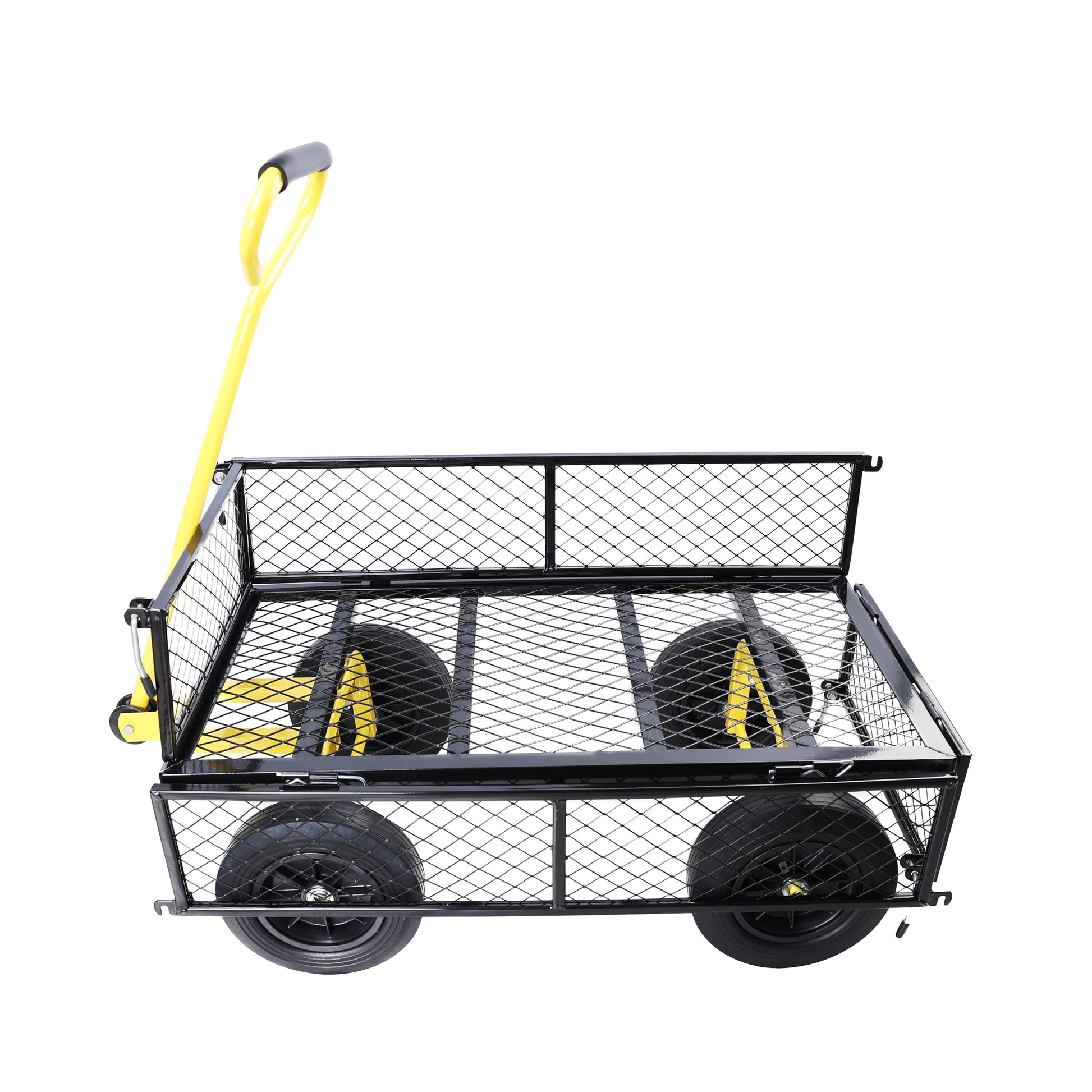 Yellow and black garden wagon with mesh sides and large wheels