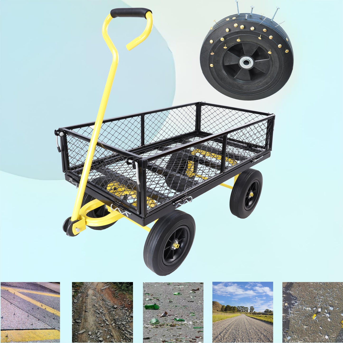 Yellow garden utility wagon with black mesh bed and thick tires