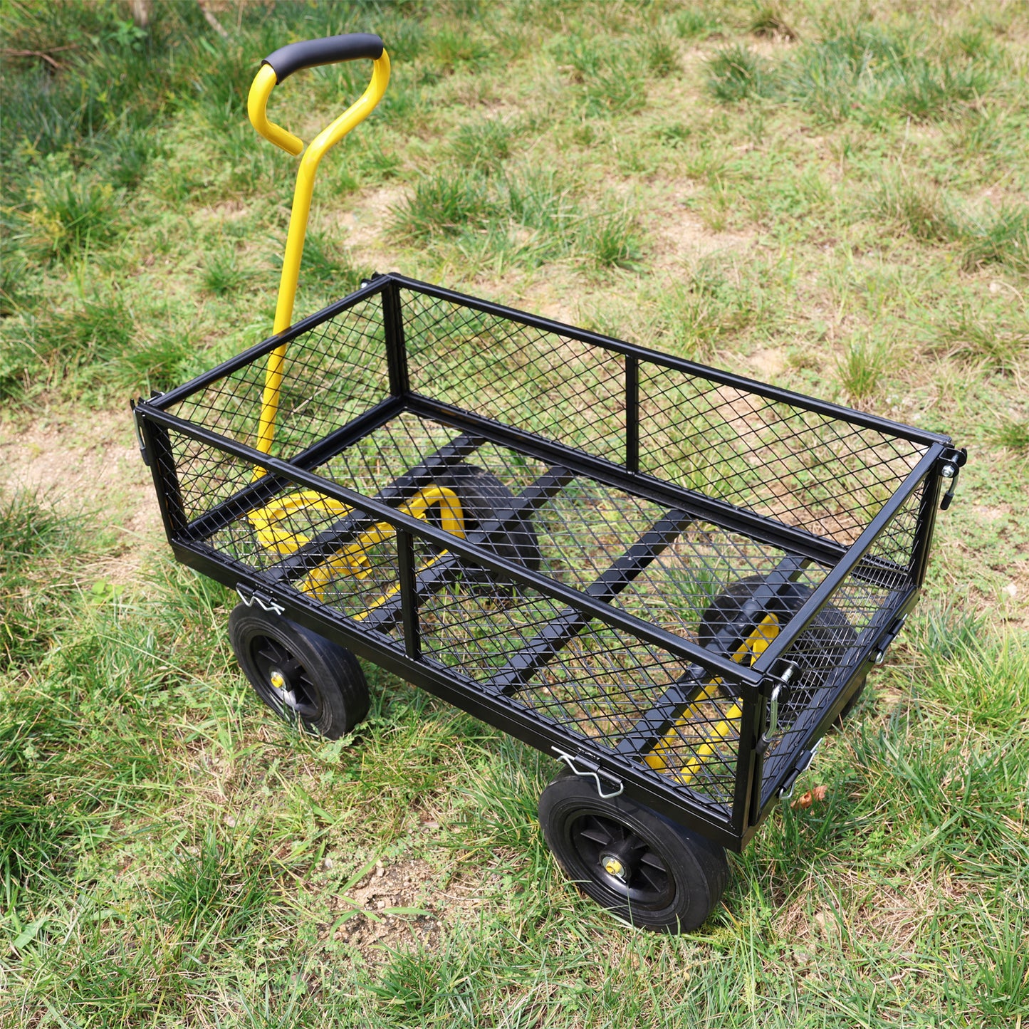 Black metal garden wagon with yellow handle and yellow frame details ideal for hauling