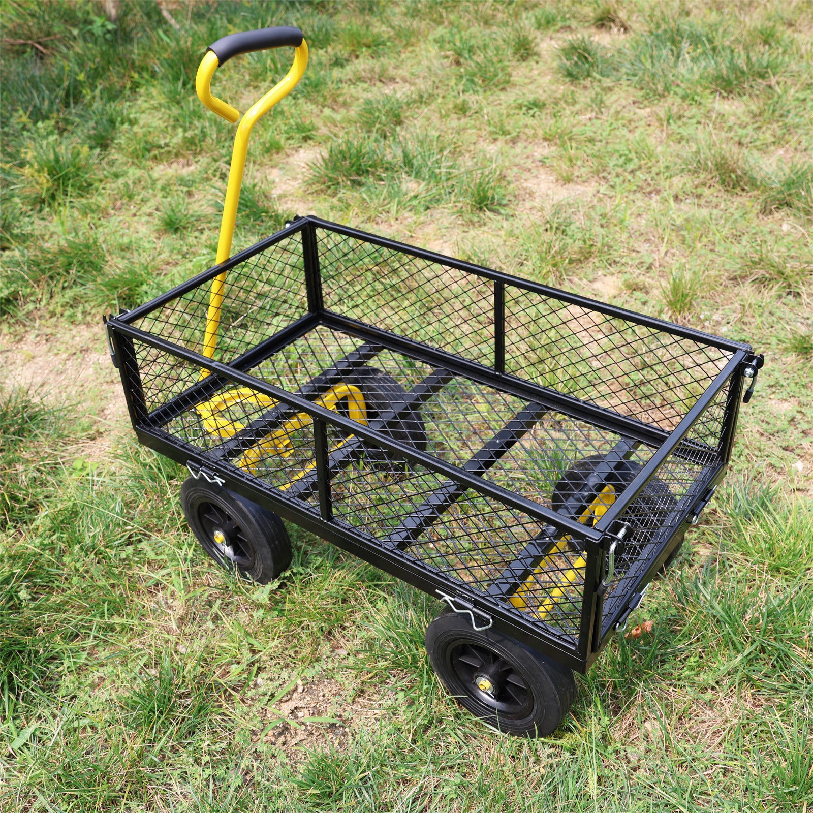Black metal garden wagon with yellow handle and yellow frame details ideal for hauling