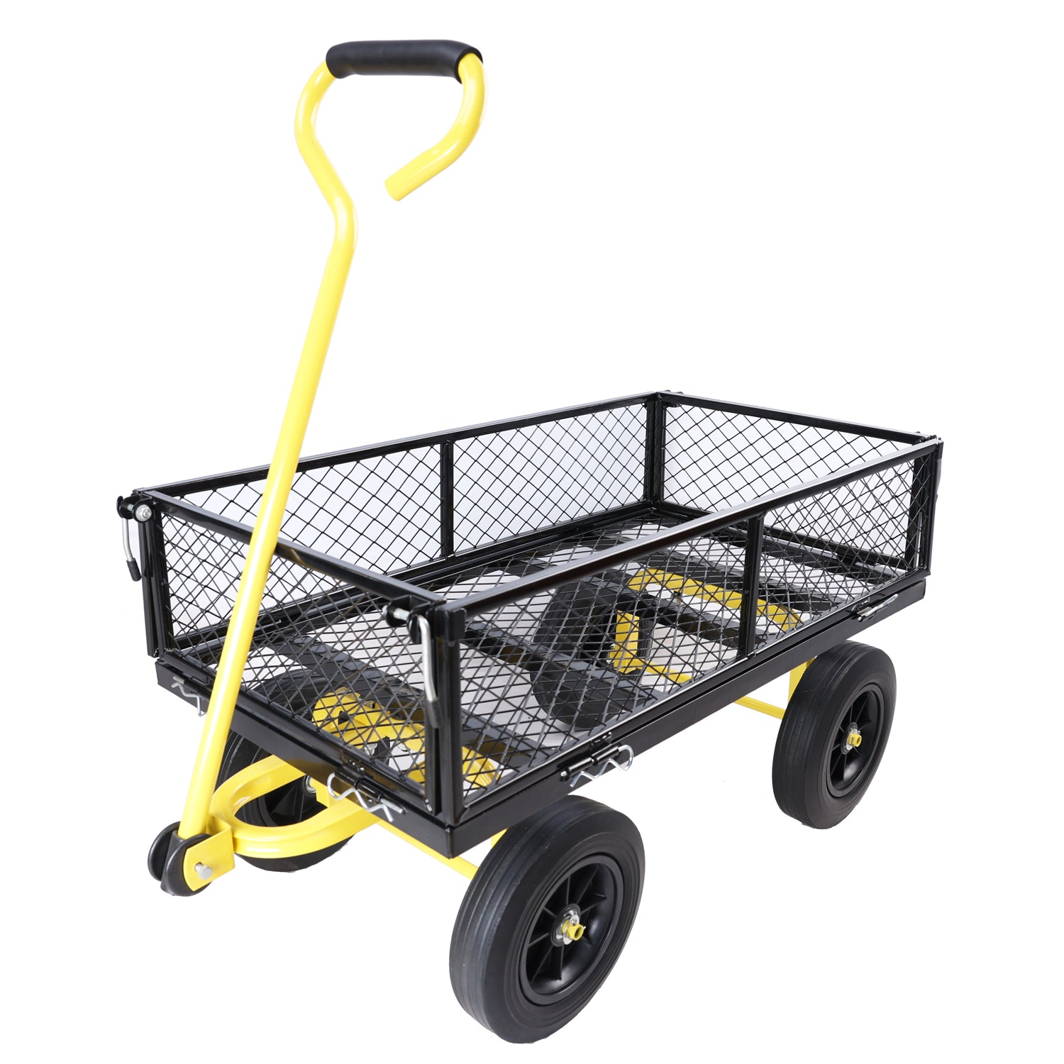 Yellow garden wagon with black mesh bed and four wheels