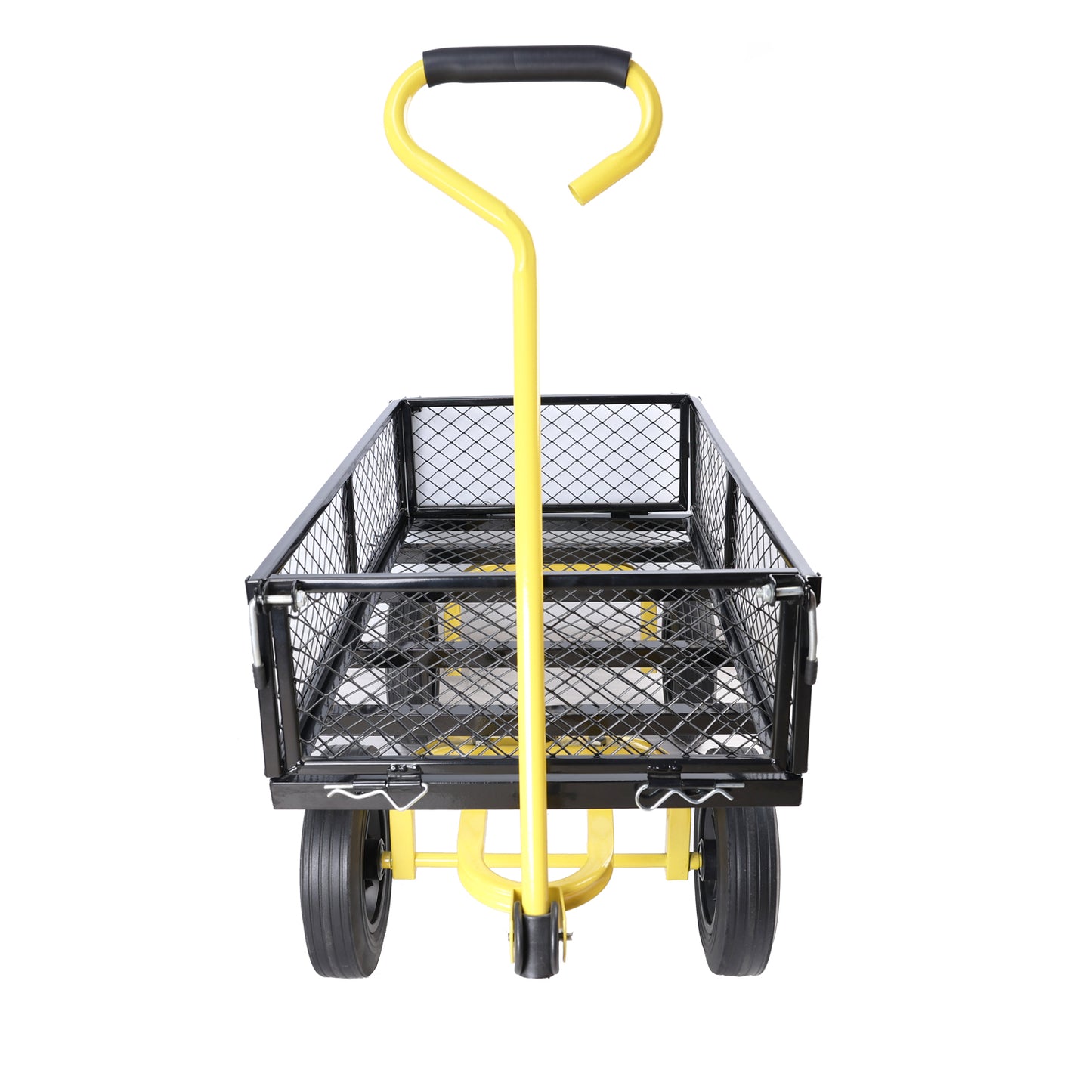 Yellow garden cart with black mesh bed and durable wheels for yard work
