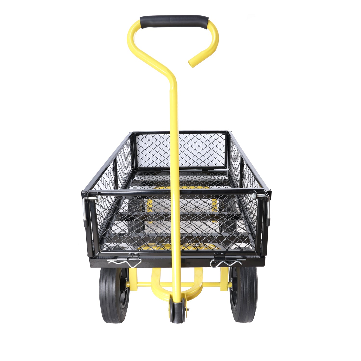 Yellow garden cart with black mesh bed and durable wheels for yard work