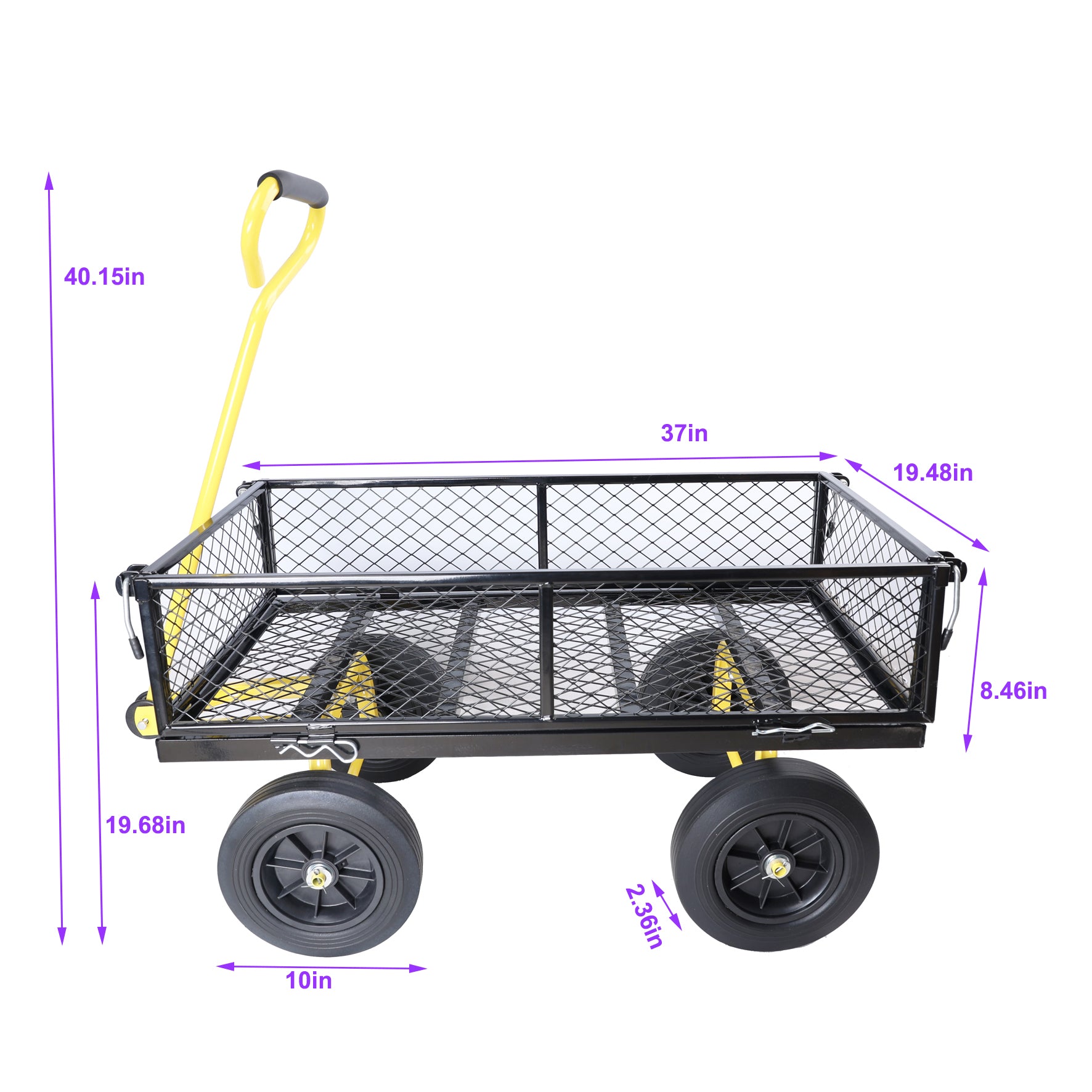Black metal garden cart with yellow handle and large wheels for easy hauling