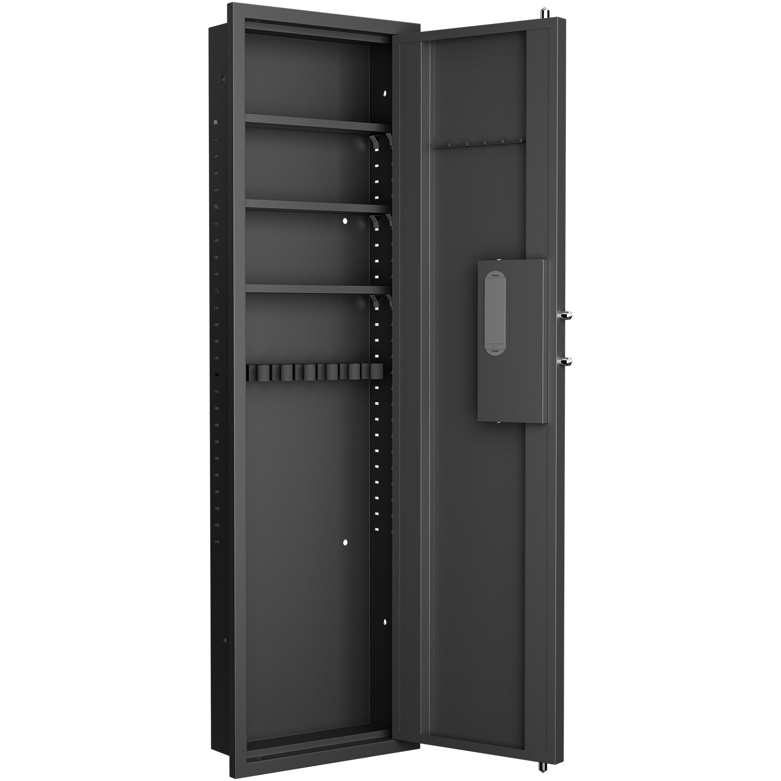 Black metal gun safe with interior shelves and a separate locking compartment