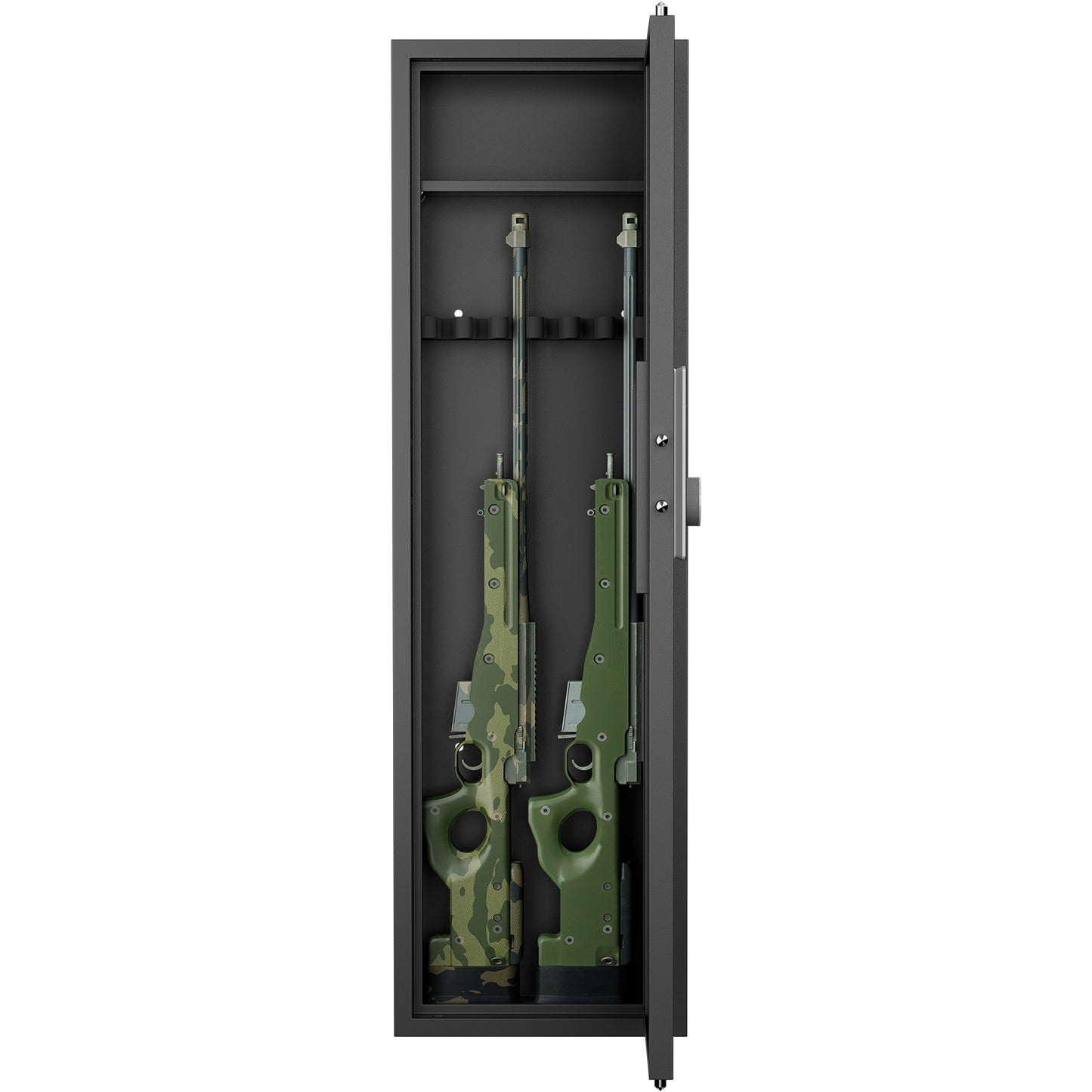 Gray metal gun safe open holding two rifles with green and camouflage stocks