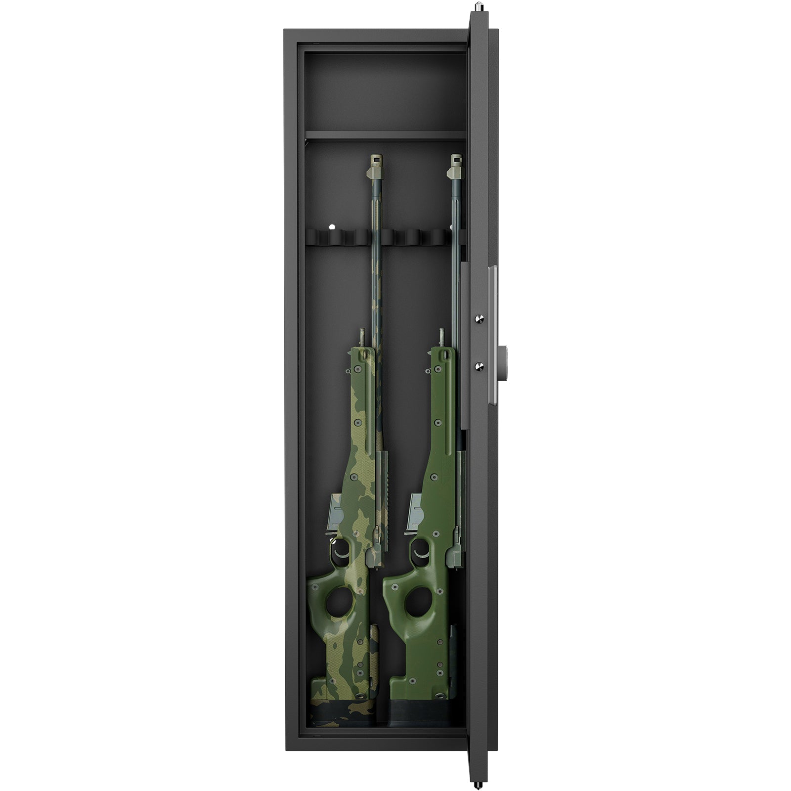 Gray metal gun safe open holding two rifles with green and camouflage stocks