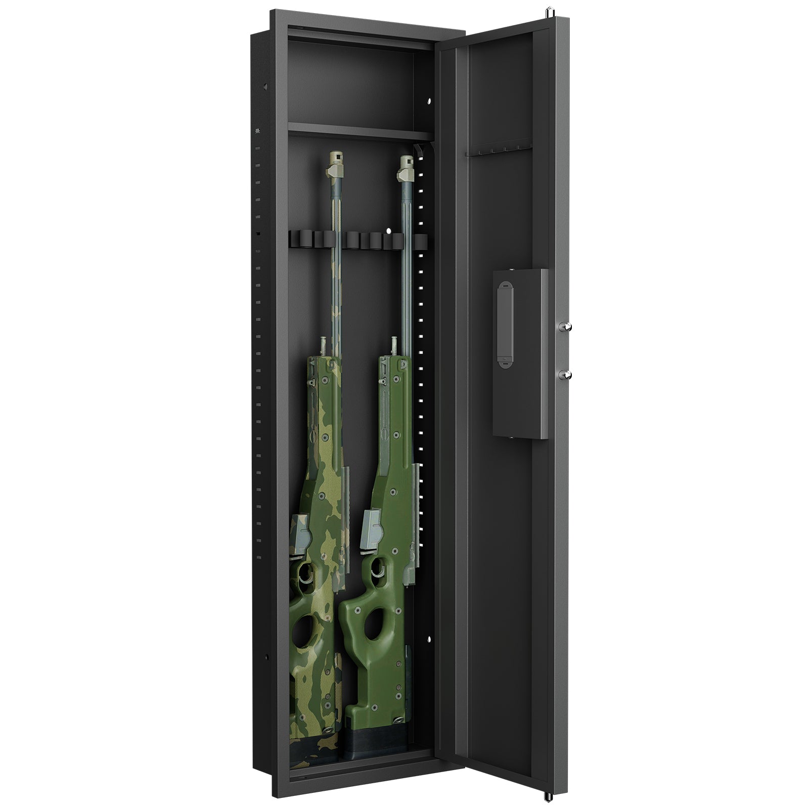 Dark gray metal gun cabinet with two rifles one in camouflage securely stored inside