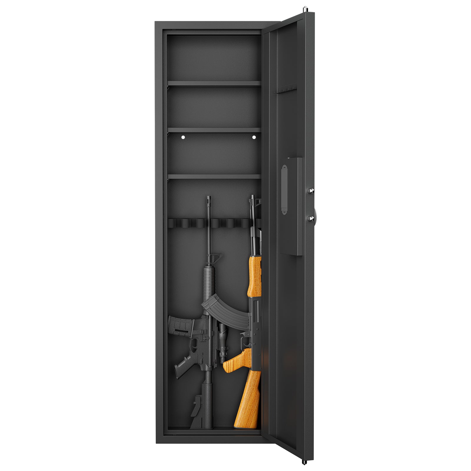 Black metal gun safe with multiple rifle slots and shelves holding two firearms