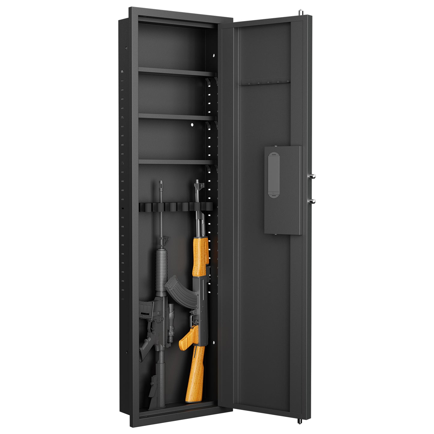 Black metal gun safe with rifles stored inside featuring multiple shelves and a lock mechanism