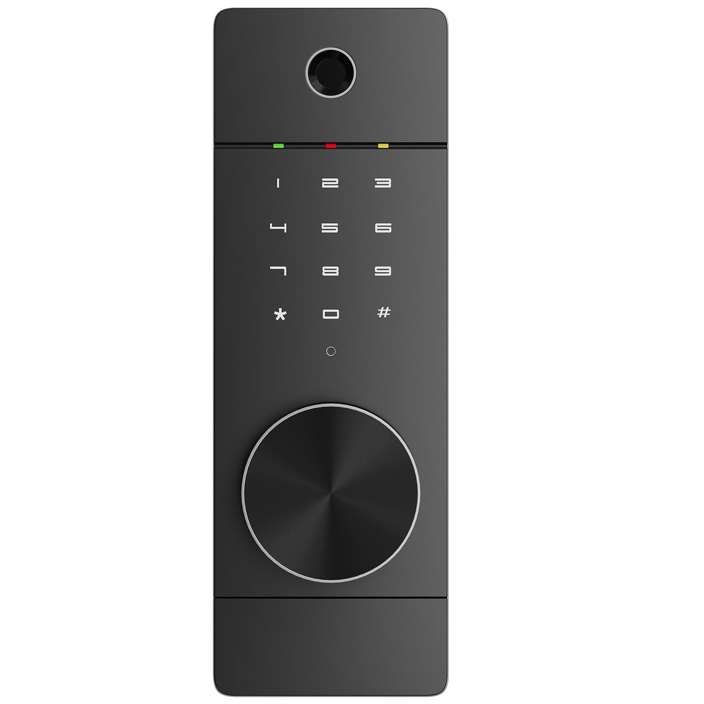 Sleek black smart lock with illuminated keypad and brushed metal dial for keyless entry