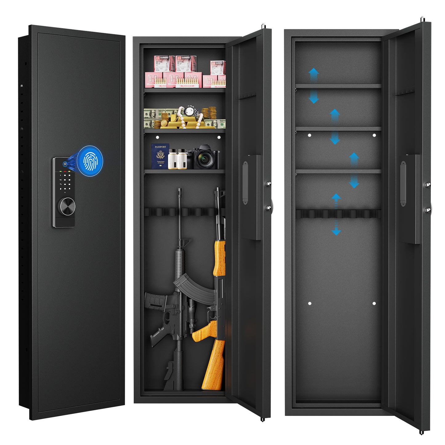 Black biometric gun safe with keypad rifle storage passport camera and ammunition inside