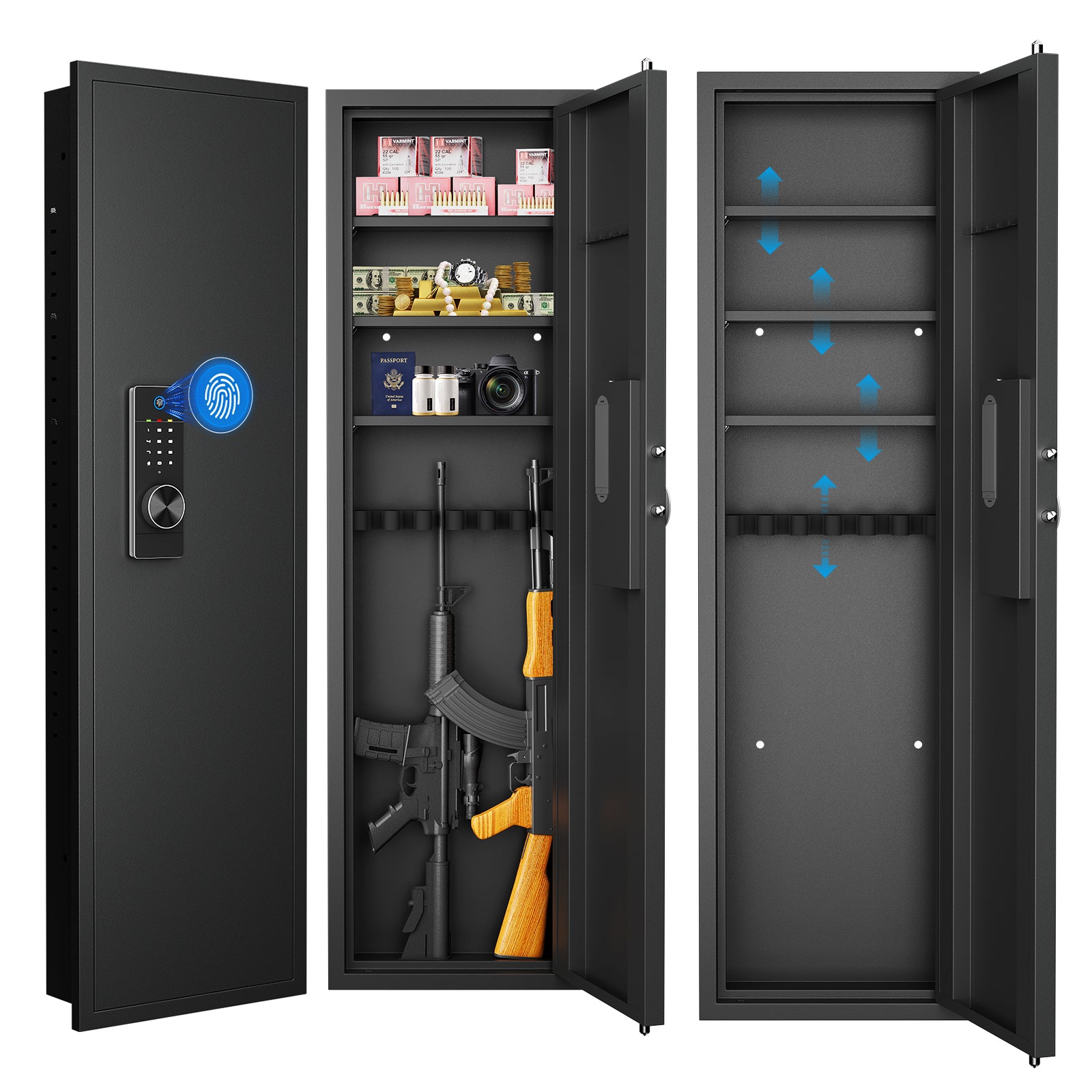 Black biometric gun safe with keypad rifle storage passport camera and ammunition inside