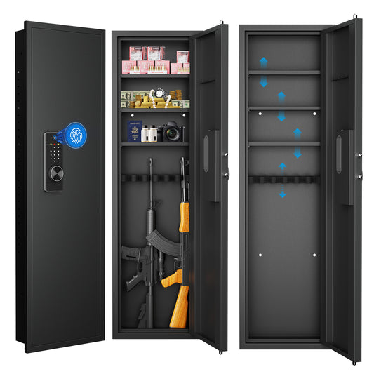 Black biometric gun safe with keypad rifle storage passport camera and ammunition inside
