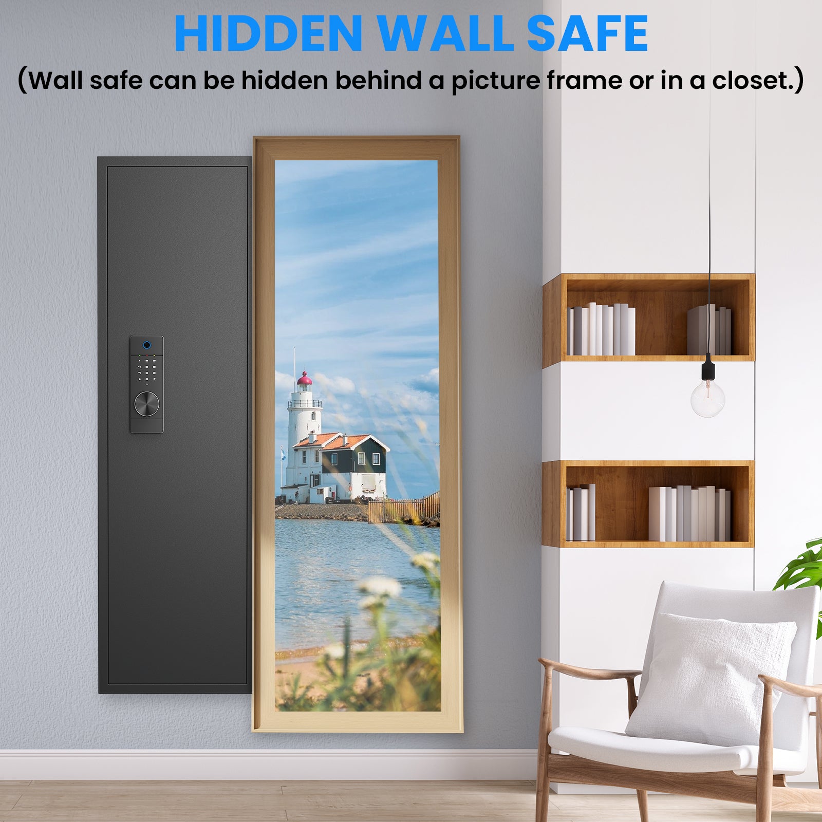 Dark gray hidden wall safe with digital keypad and dial lock