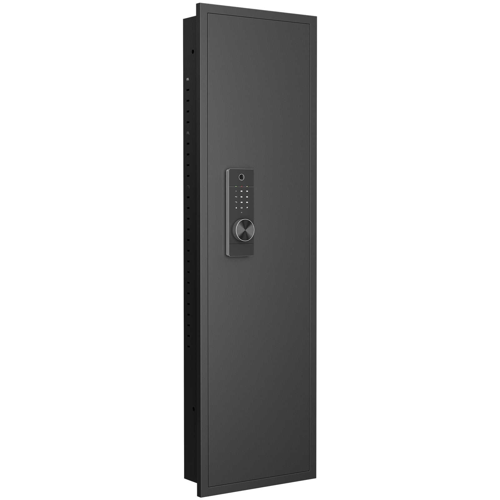 Slim gray wall safe with electronic keypad and dial lock for secure storage