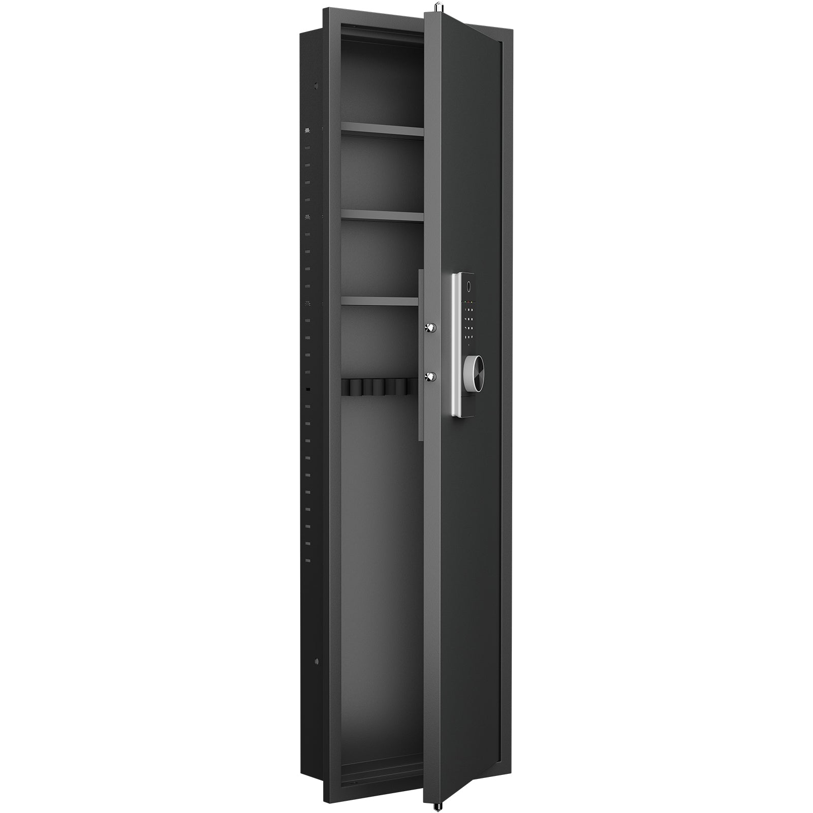 Tall black gun safe with digital lock and multiple shelves for secure storage
