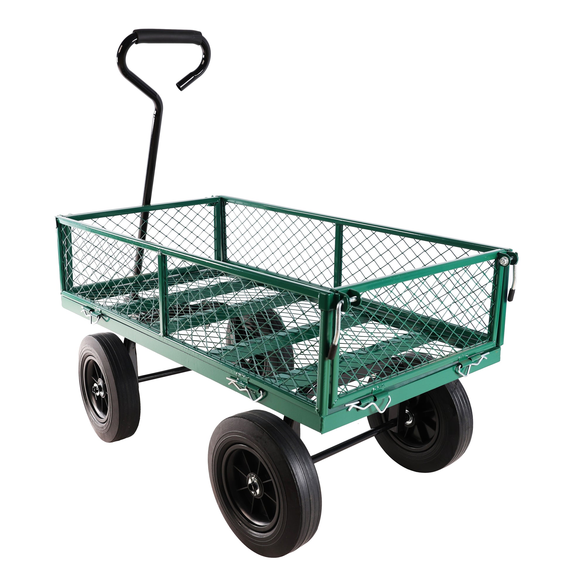 Green garden wagon with mesh sides and black wheels perfect for hauling supplies