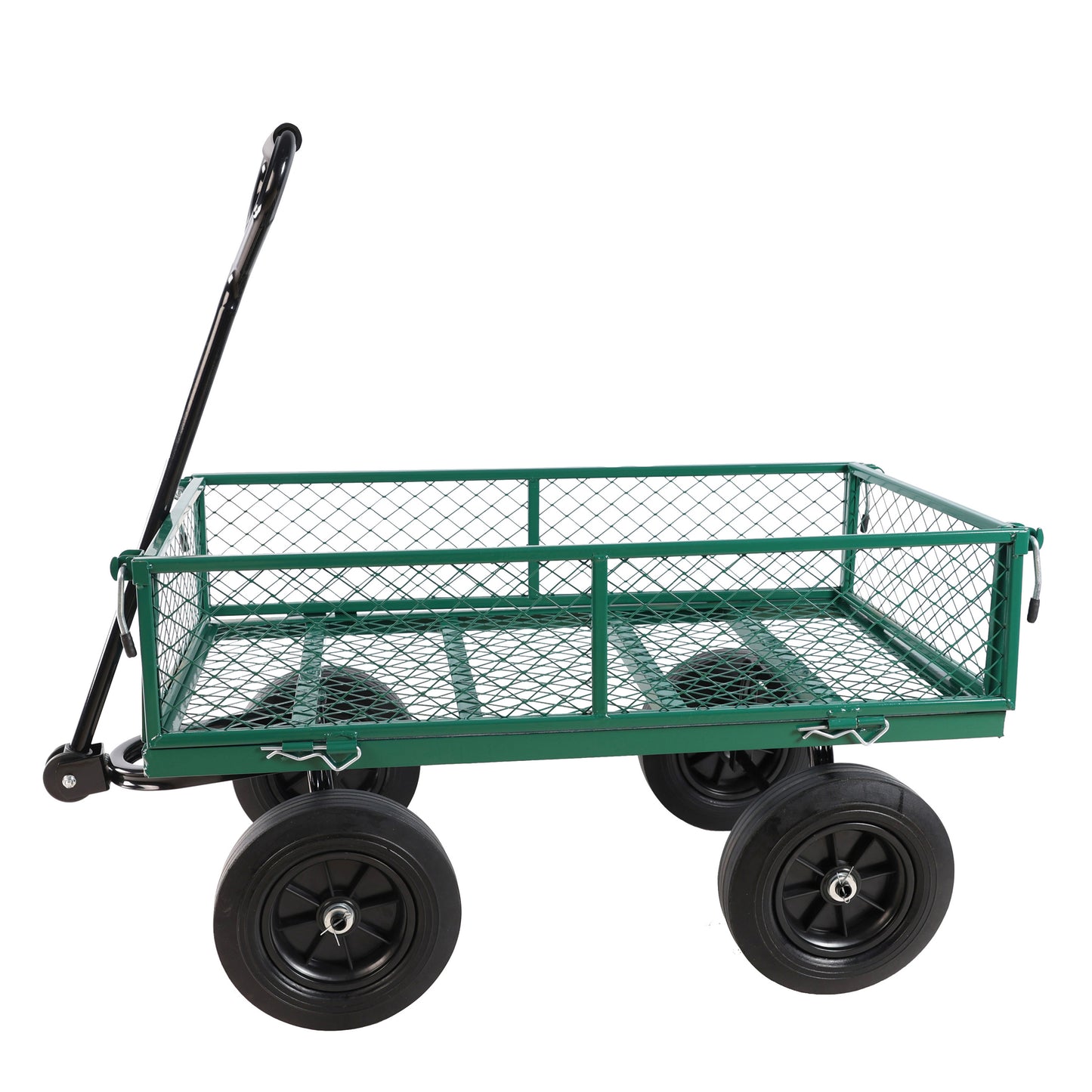 Green metal garden wagon with large black wheels and a towing handle