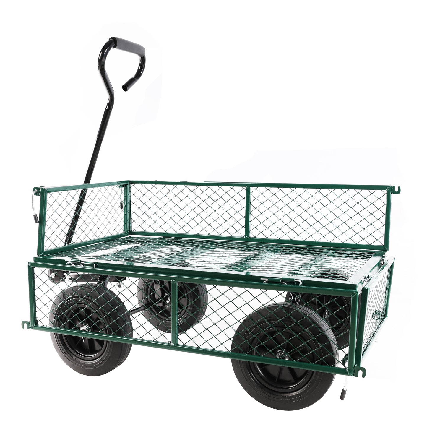 Green metal garden cart with four wheels and a pull handle