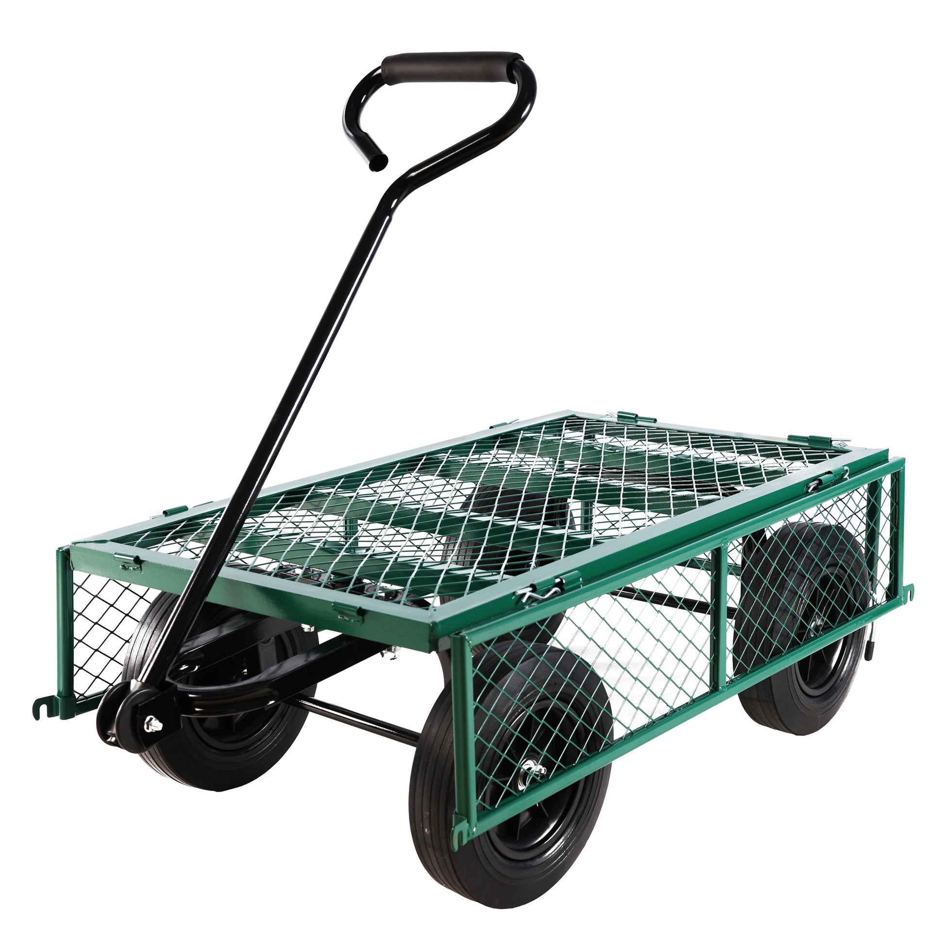 Green steel garden wagon with four black wheels and a padded handle