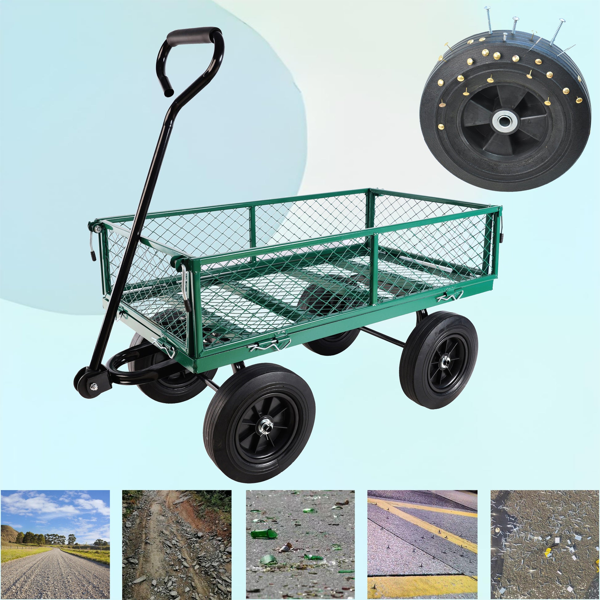 Green garden wagon with mesh sides and four black wheels for hauling supplies