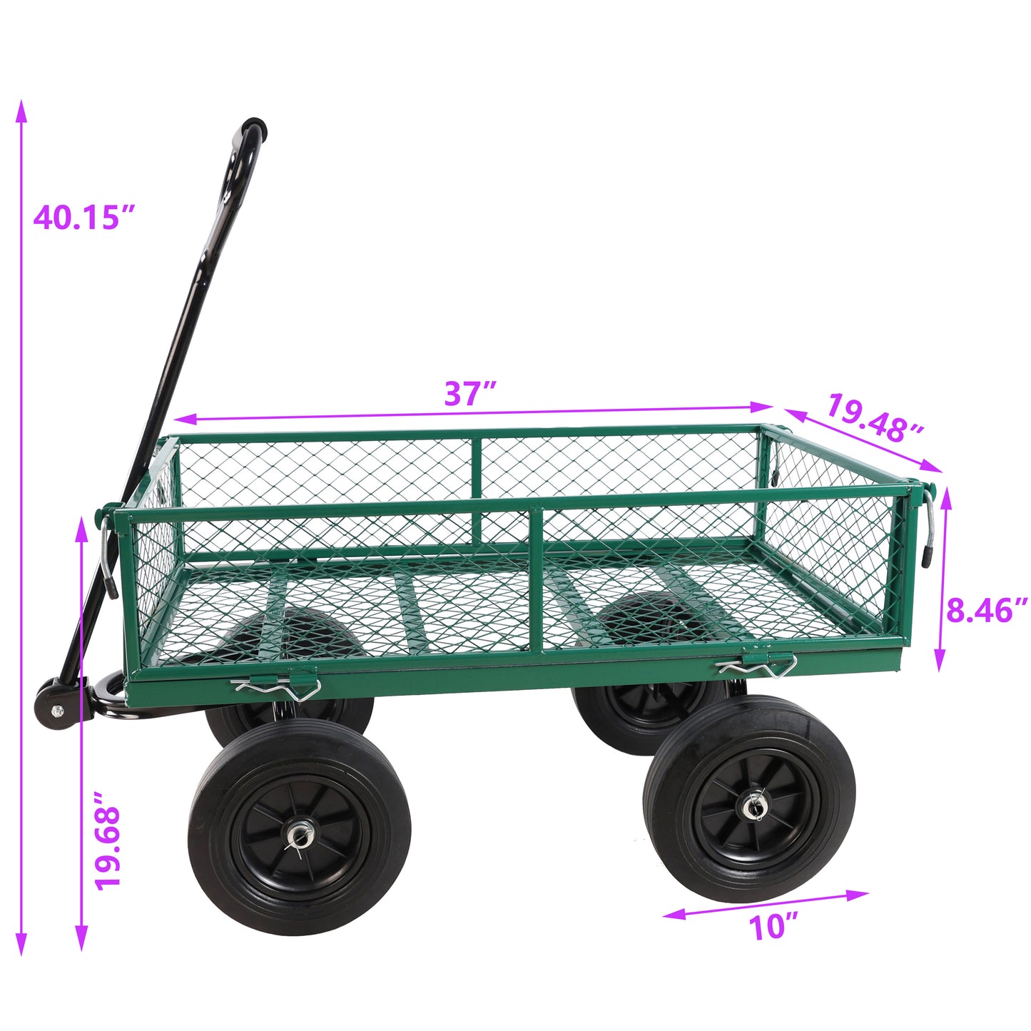 Green metal garden wagon with mesh sides and black pneumatic wheels