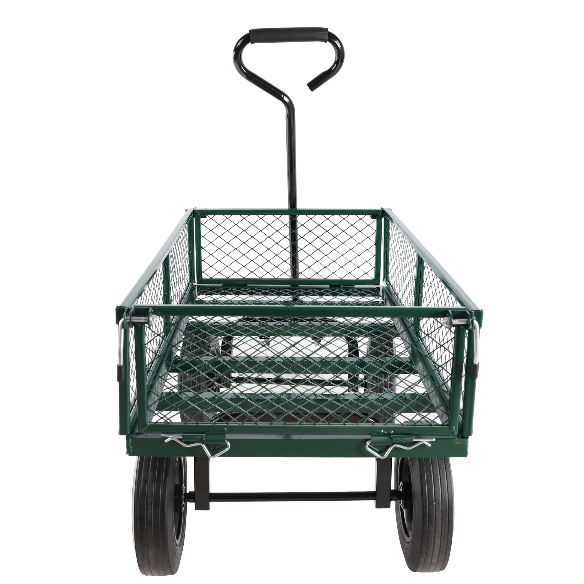 Green metal garden wagon with large black wheels and a pull handle