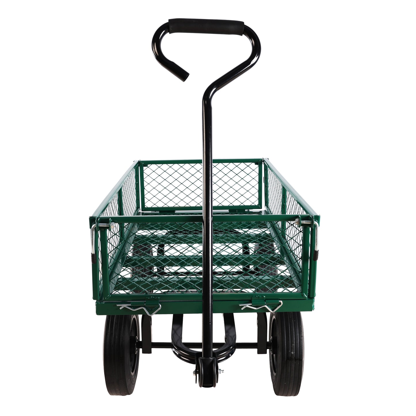Green mesh garden wagon with black padded handle and four wheels for yard work