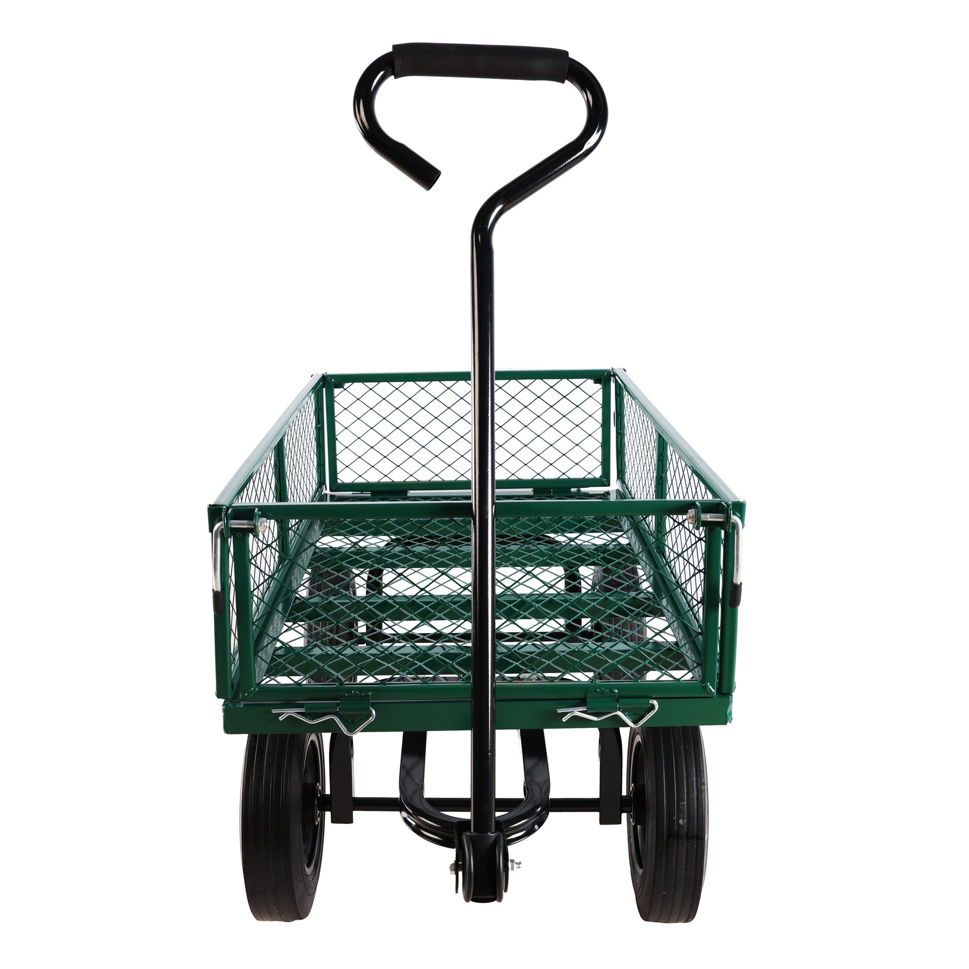 Green mesh garden wagon with black padded handle and four wheels for yard work