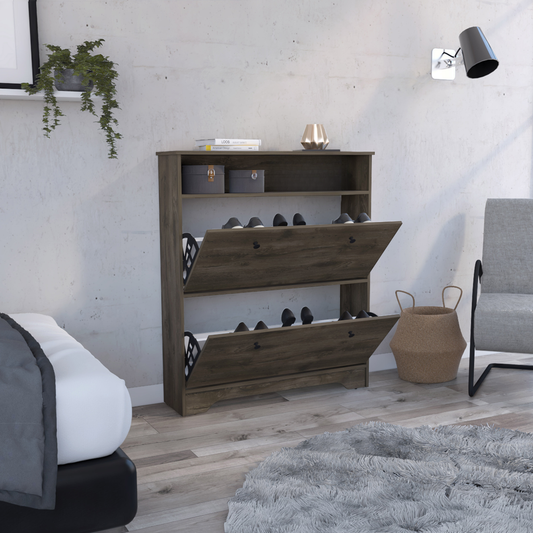 Modern dark wood shoe cabinet with two flipdown drawers and open top shelf for storage