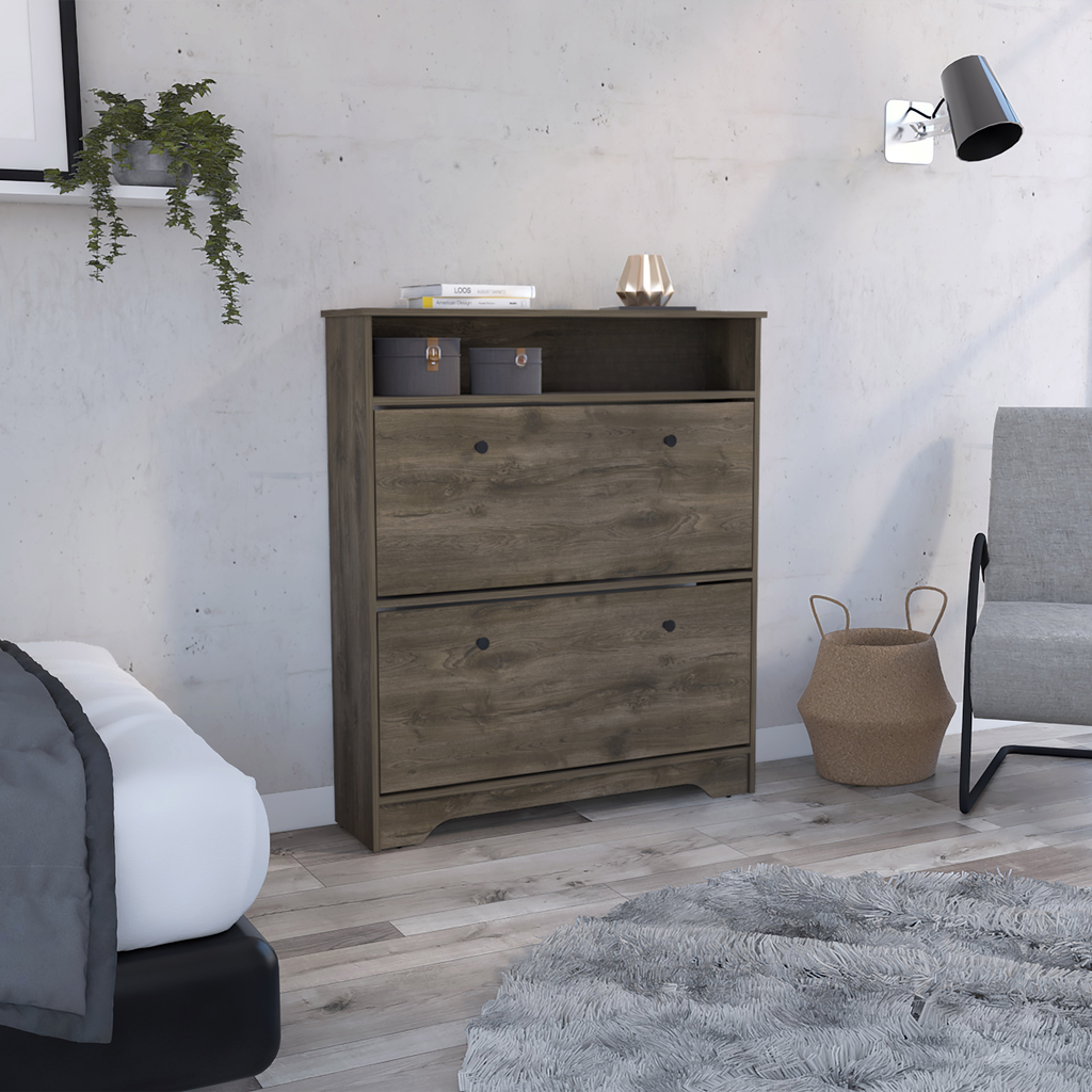 Rustic oak drawer shoe cabinet with modern black handles