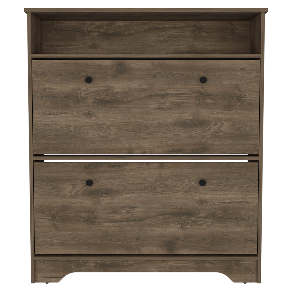 Rustic brown wood shoe cabinet with two flipout drawers