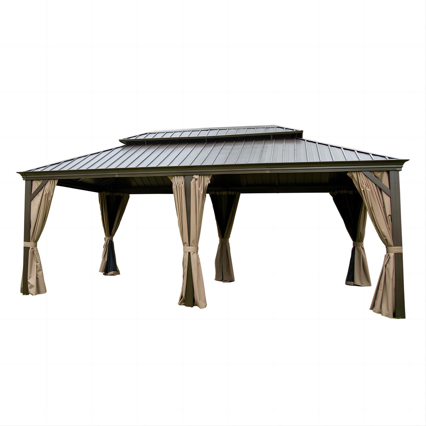 Dark brown metal gazebo with dualtier roof and tan privacy curtains